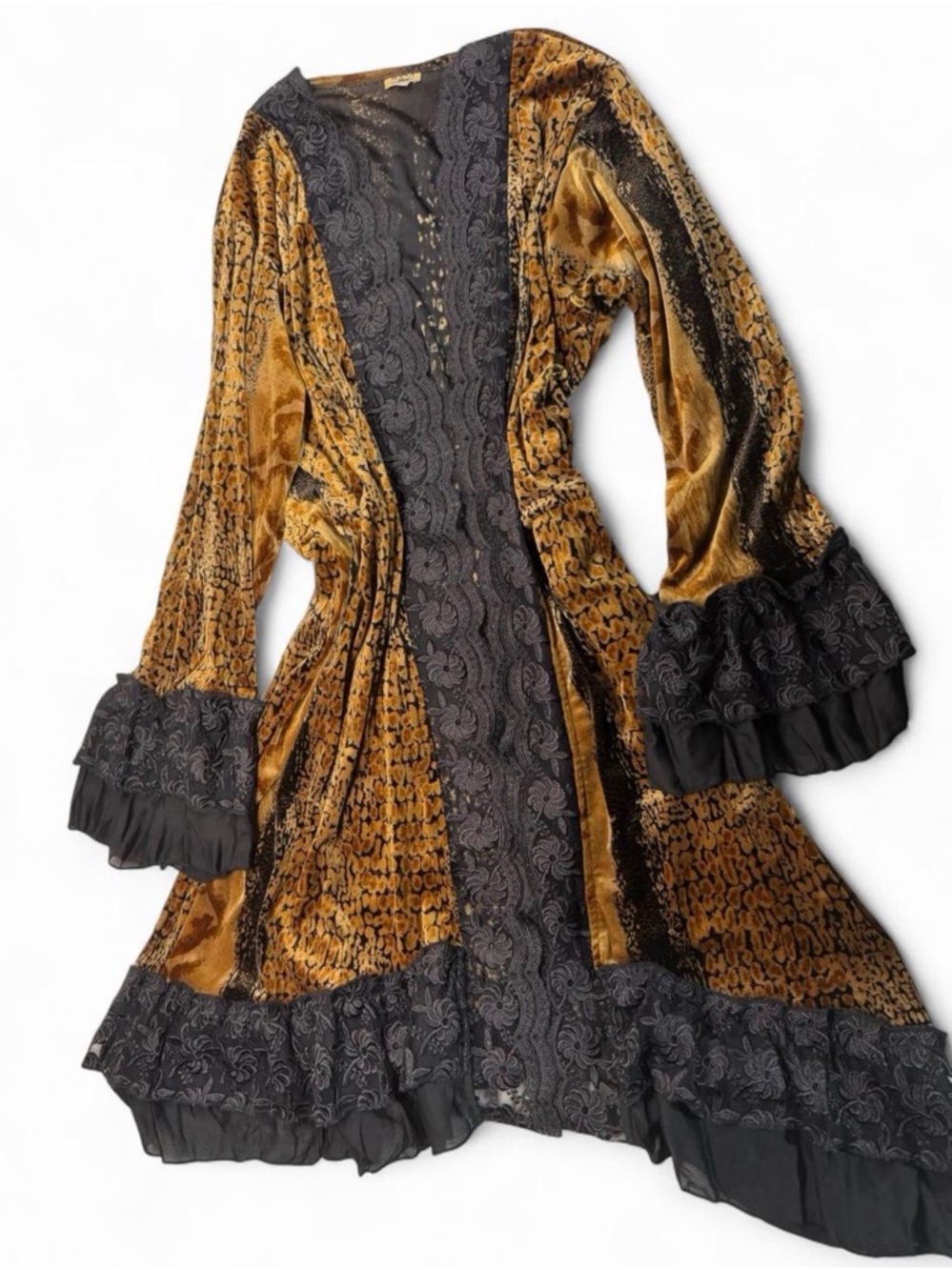 High quality vintage duster black & gold velvet leopard print with lace trim